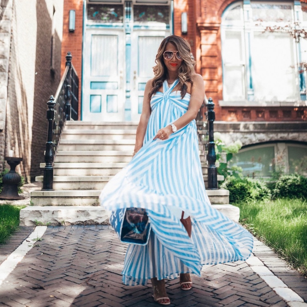 Akira Petalroz Blue & White Striped Maxi Dress